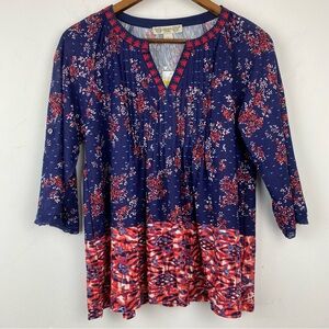 Vintage America size Medium Women’s Blue Red Floral V-neck Peasant Top NWT